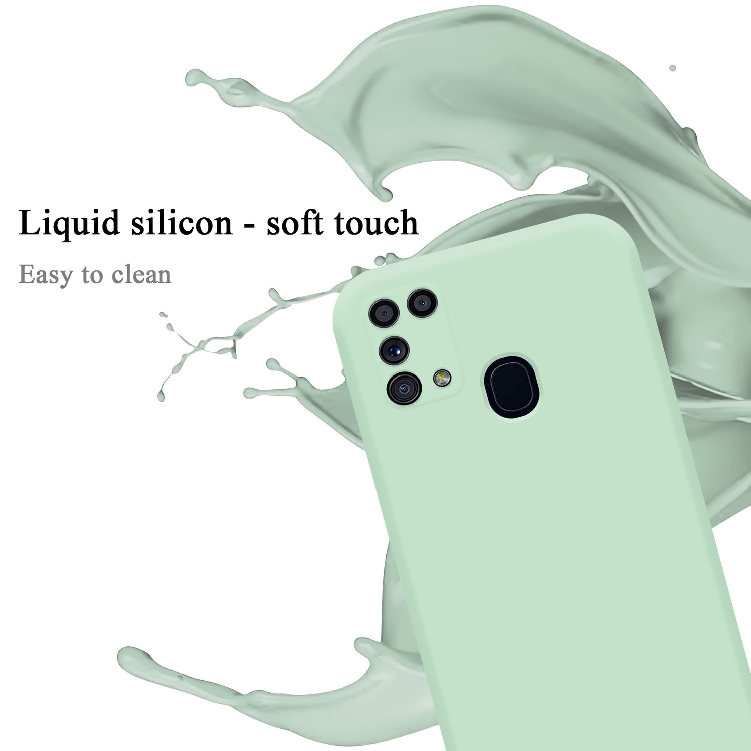 Una custodia per telefono verde chiaro con un telefono all'interno. Testo: Silicone liquido.