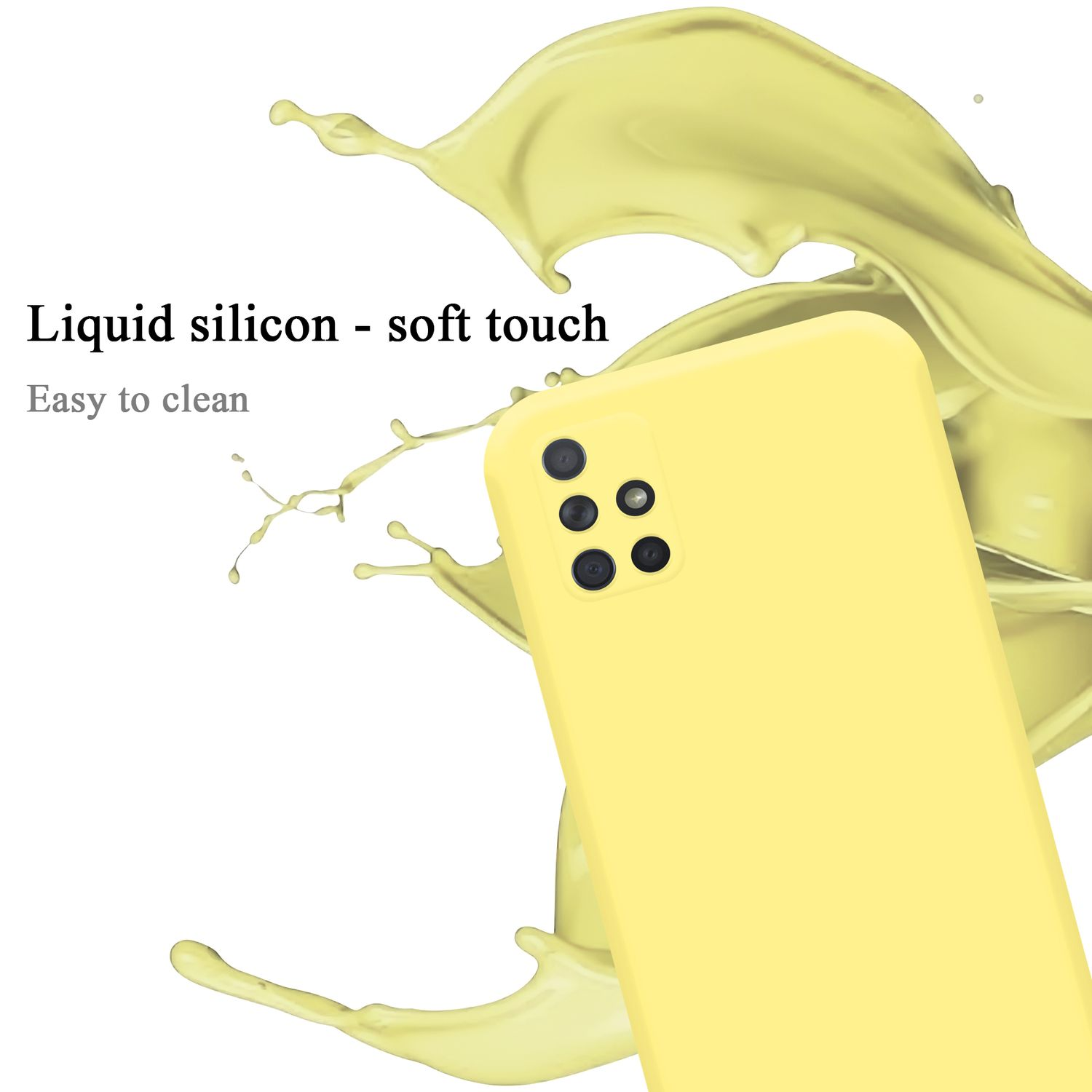 Eine gelbe Handyhülle mit einem Spritzer gelber Flüssigkeit. Sie hat Kameraausschnitte und Soft-Touch-Text.