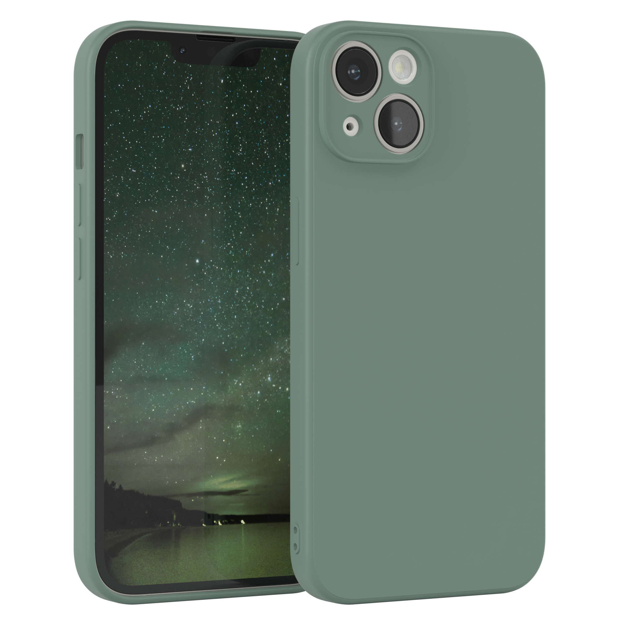 Zwei Smartphones mit Hüllen, eines grün und eines seegrün, beide mit Bildschirmen, die eine Landschaft zeigen.