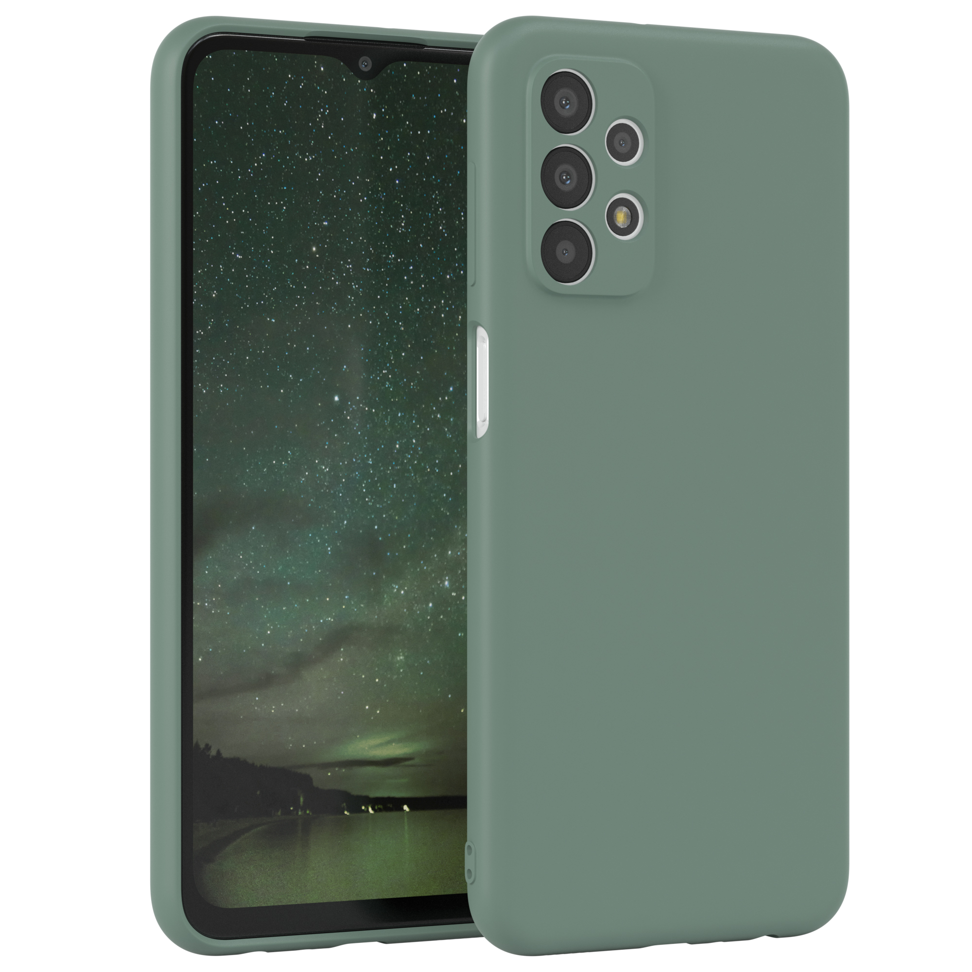 Grünes Telefon in einer grünen Hülle. Das Telefon hat drei Kameras.