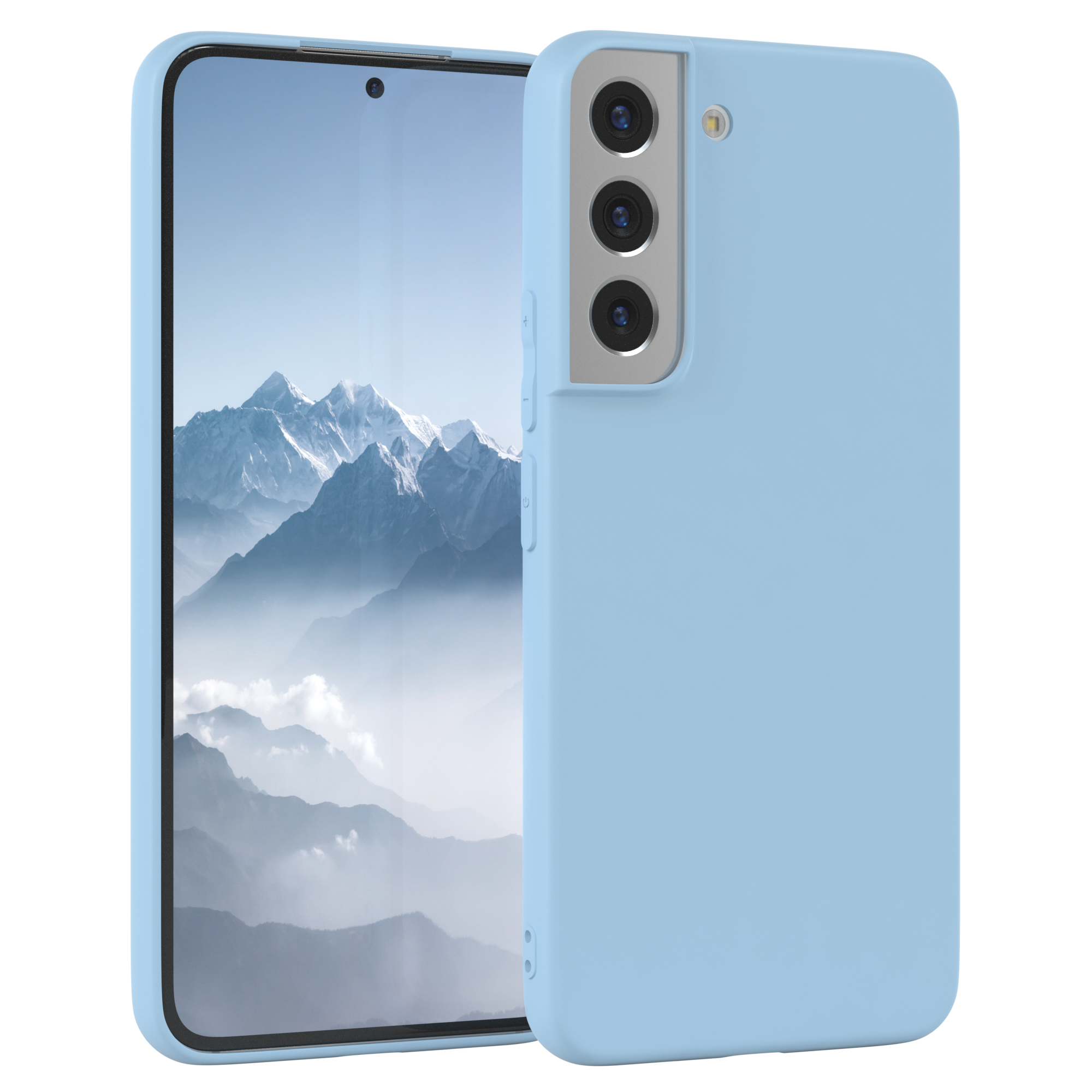 Ein hellblaues Telefon mit drei Kameras und einer Hülle. Das Telefon befindet sich auf weißem Hintergrund.