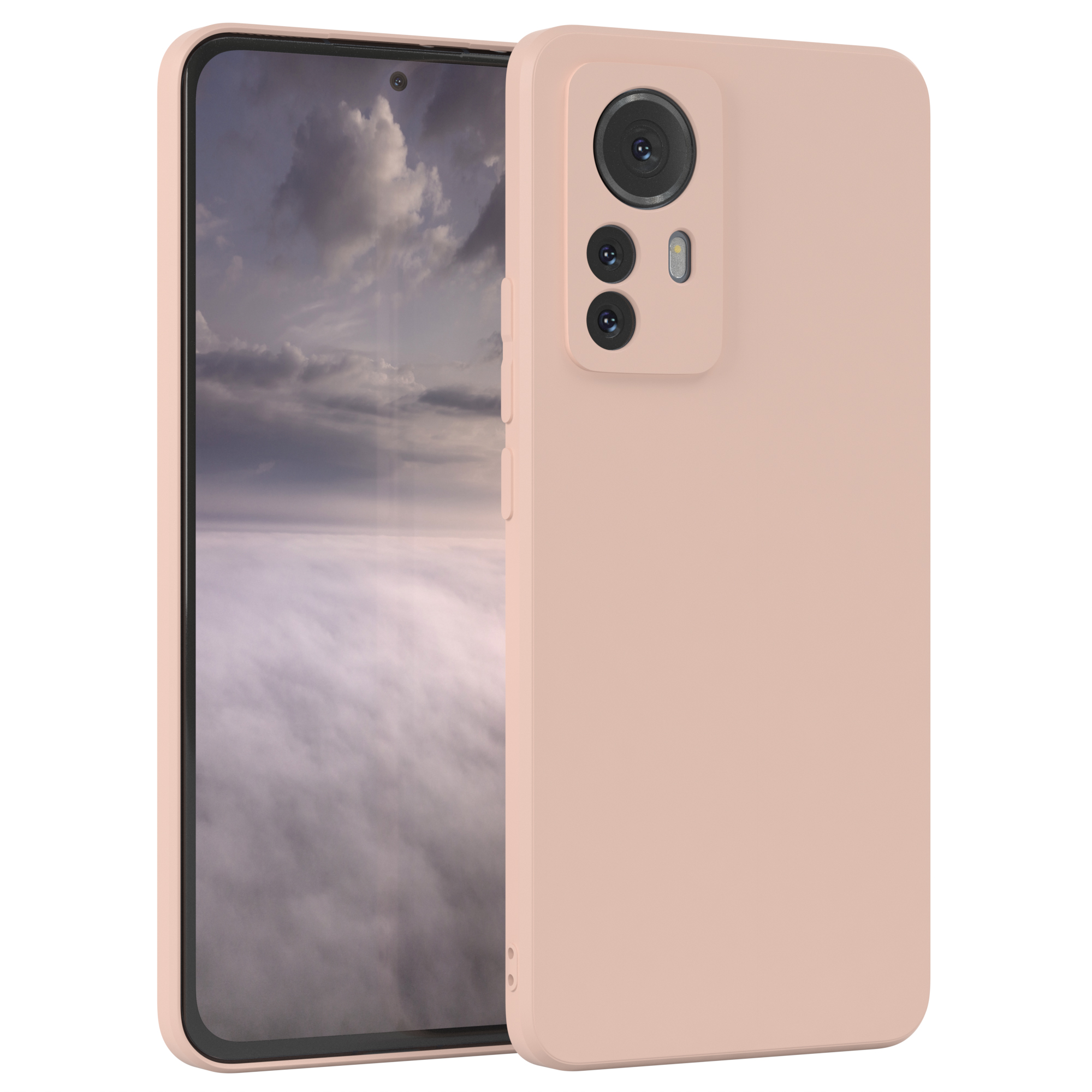 Ein rosa Telefon mit Kameramodul. Das Telefon befindet sich in horizontaler Position. Der Hintergrund ist unscharf.