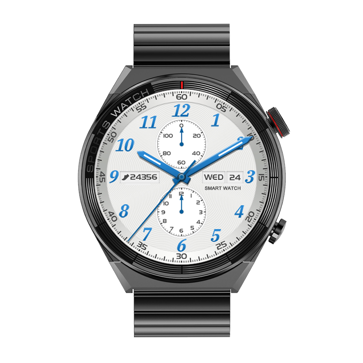 Czarny i srebrny smartwatch z białą tarczą i niebieskimi wskazówkami.