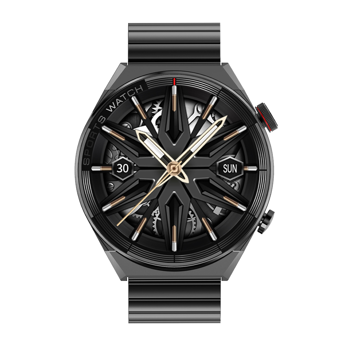 Czarny smartwatch z metalowym paskiem. Tarcza zegarka pokazuje godzinę i datę.