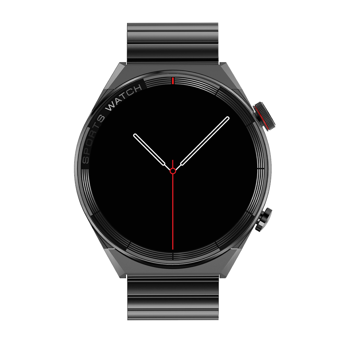 Czarny smartwatch z czarnym paskiem. Czerwona centralna linia tarczy.