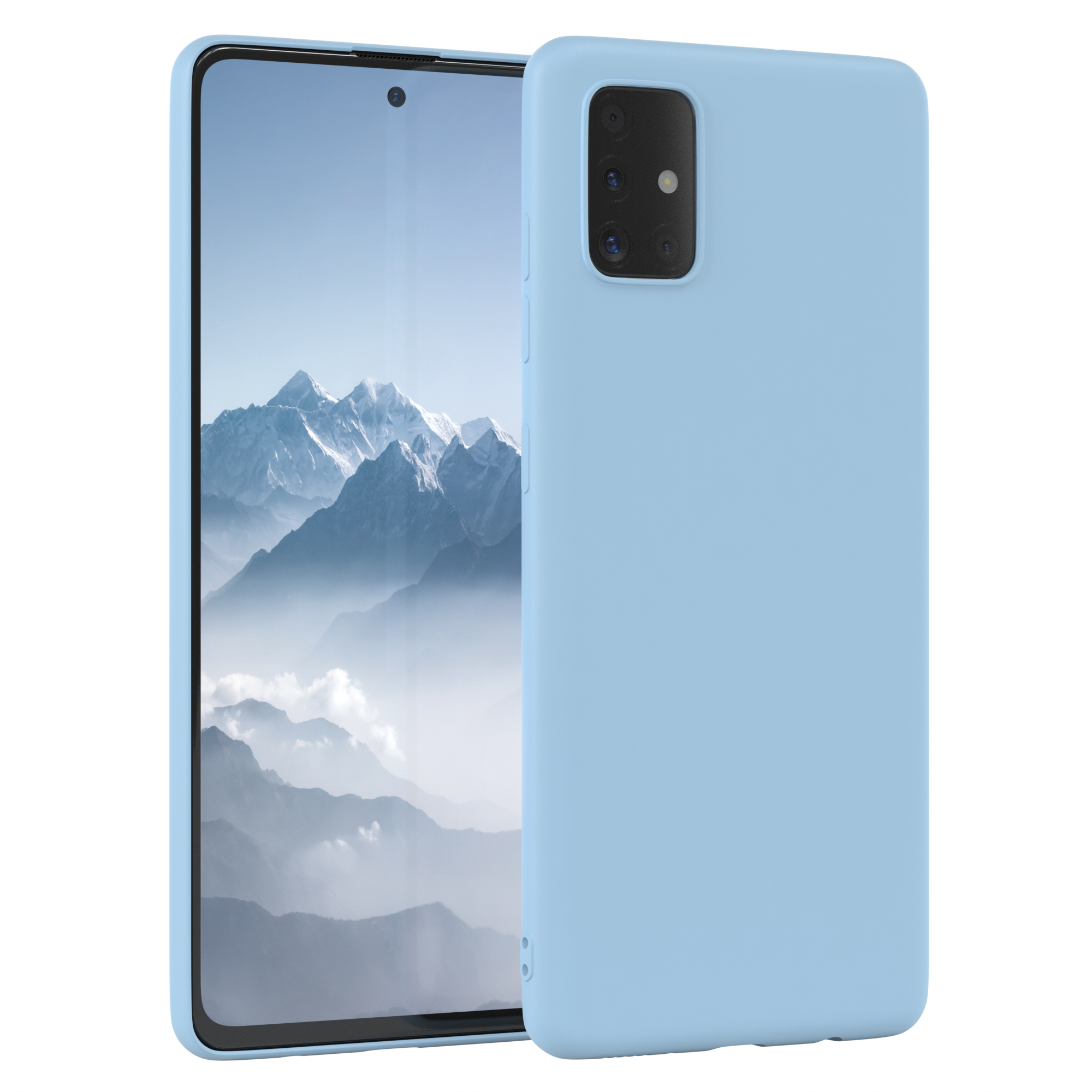 Hellblaue Handyhülle. Das Telefon liegt auf einer weißen Oberfläche. Das Telefon ist hellblau. Das Telefon ist ein Samsung.