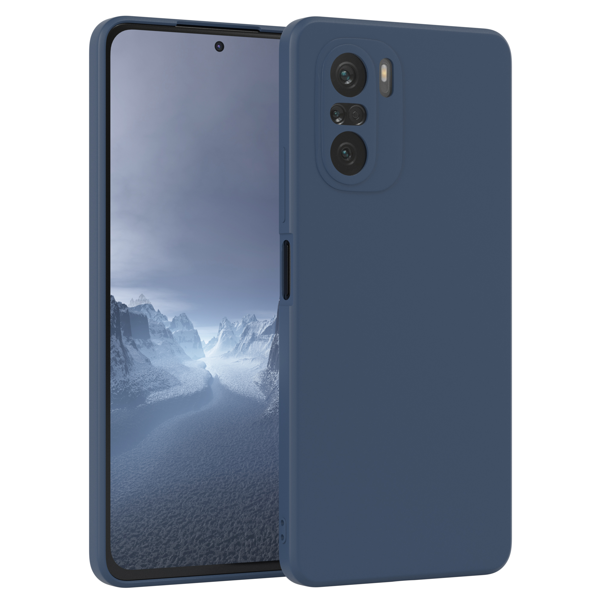 Ein marineblaues Telefon mit Hülle. Das Telefon wird von vorne und hinten gezeigt. Weißer Hintergrund.