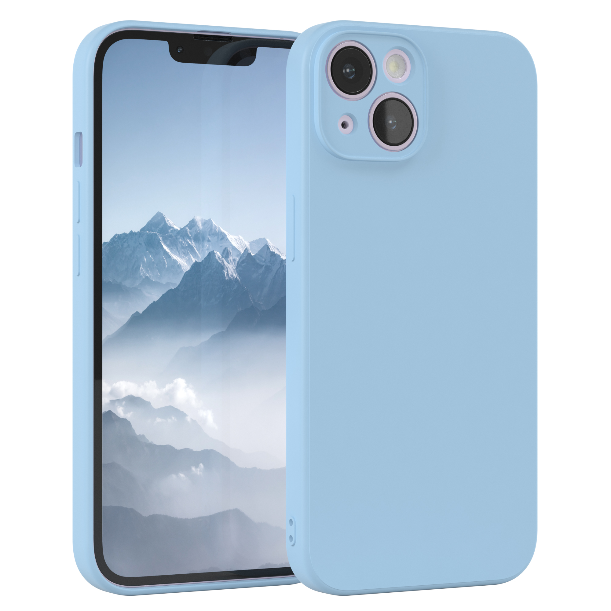 Hellblaues Telefon in hellblauer Hülle. Das Telefon hat zwei Kameras.