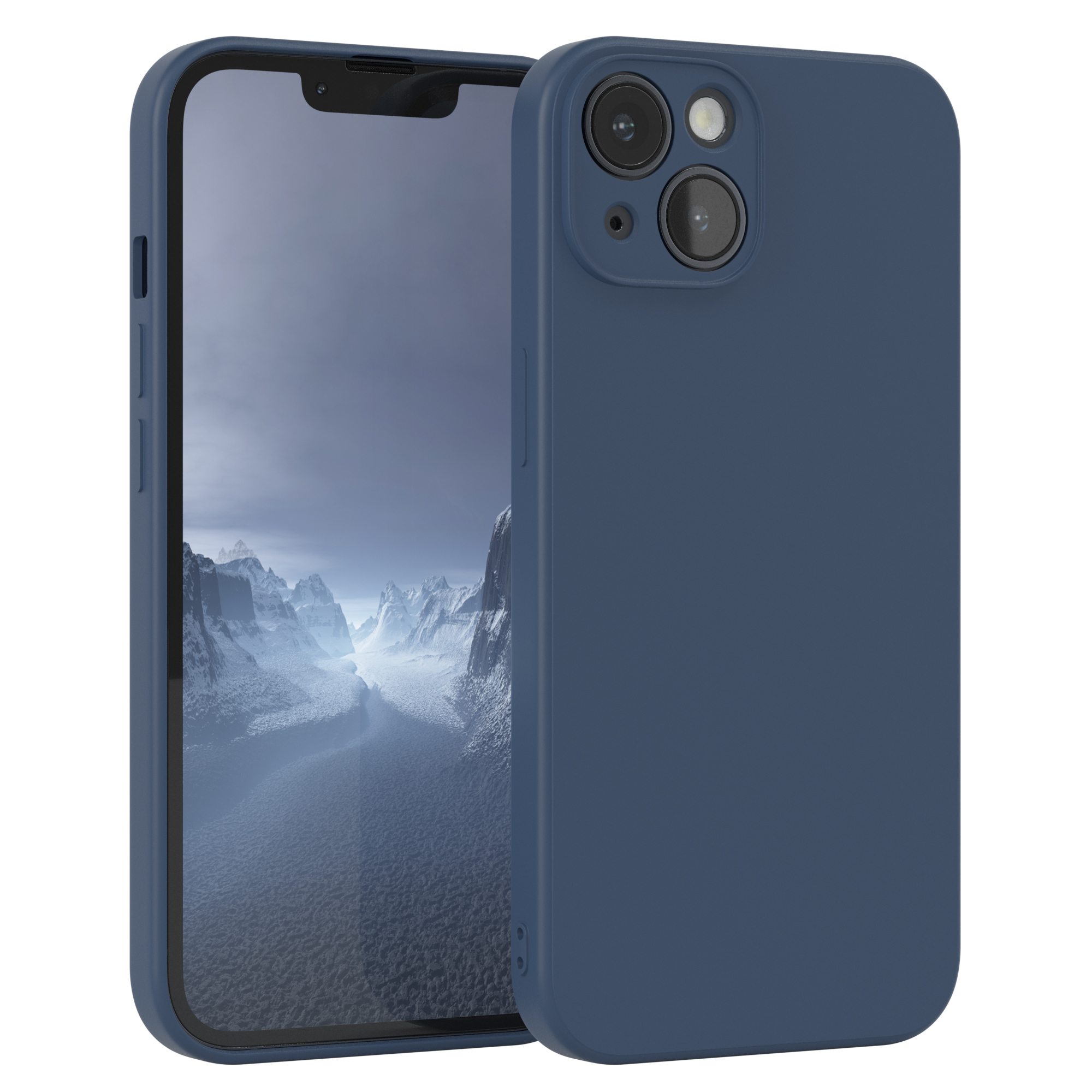 Ein blaues Telefon mit einer blauen Hülle. Das Telefon hat zwei Kameras. Weißer Hintergrund.