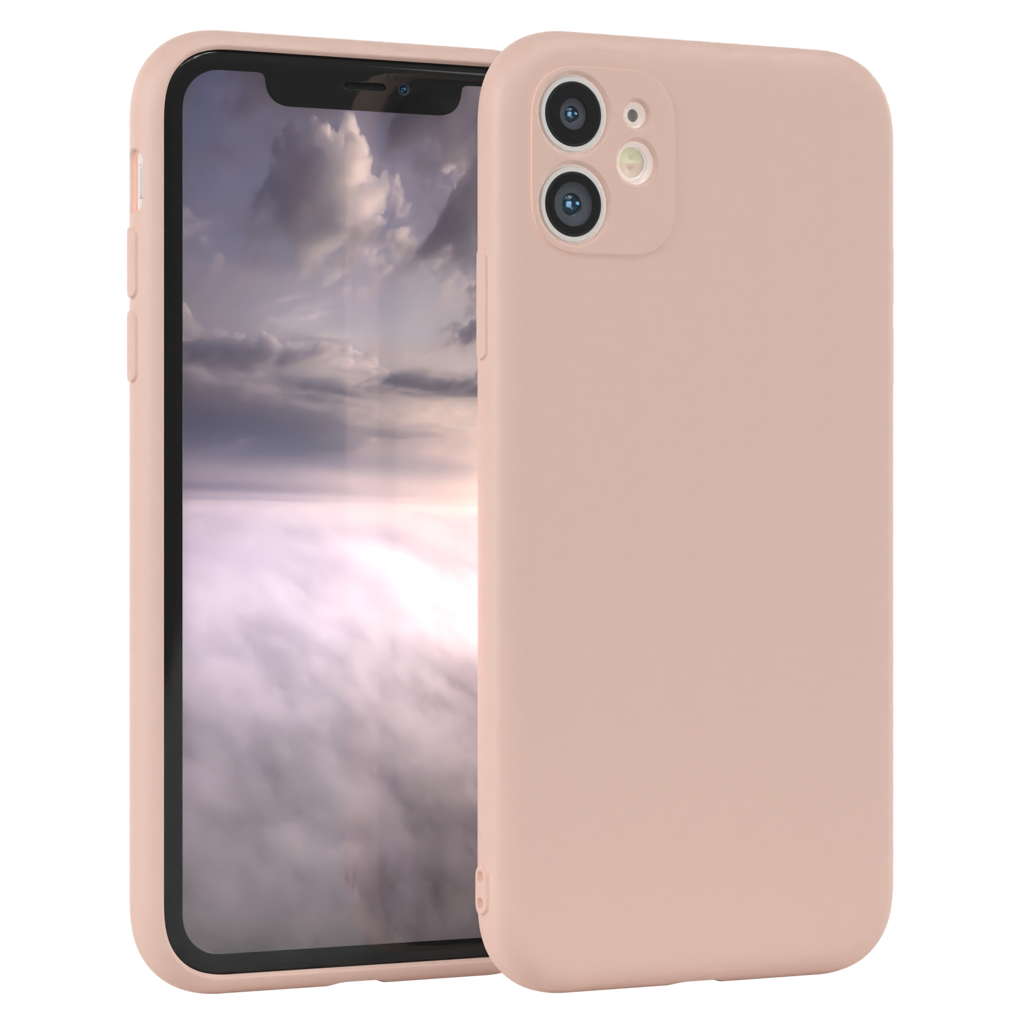 Zwei Smartphones mit Hüllen, beide hellrosa, mit Bildschirmen, die einen bewölkten Himmel mit Sonnenlicht zeigen.