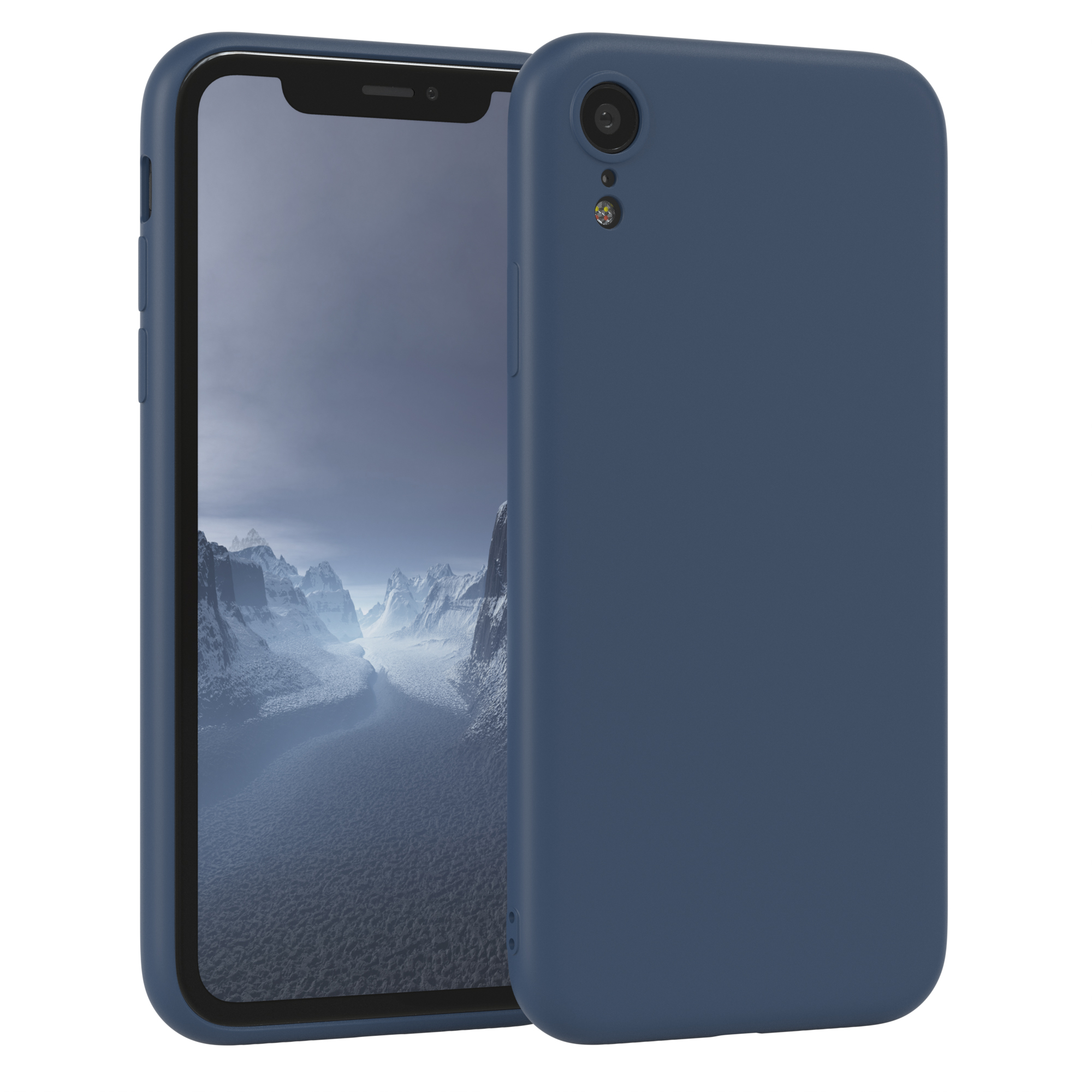 Ein blaues Telefon vor einer ähnlichen blauen Handyhülle. Der Hintergrund ist ein Gebirge.