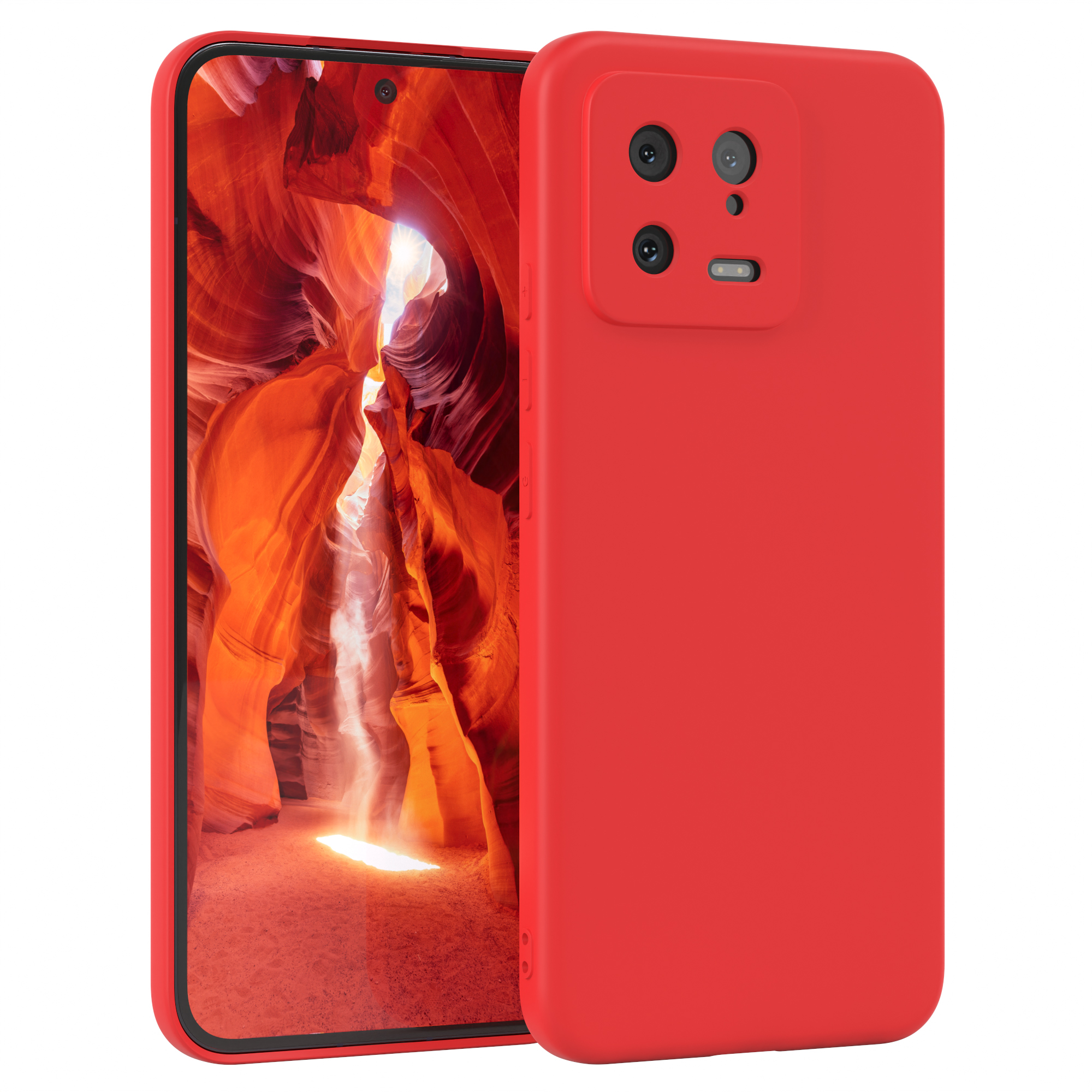 Rote Handyhülle, geöffnet und zeigt das Handy. Hintergrund: orange Felsformation.