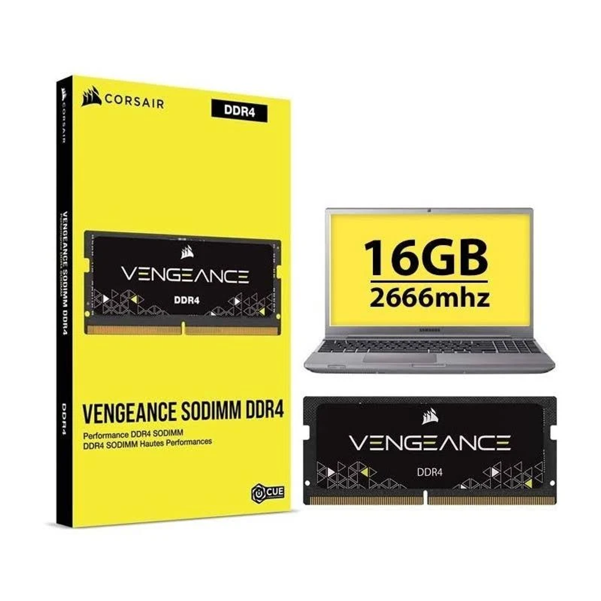 Obraz przedstawia kości pamięci RAM DDR4 i laptopa. RAM jest czarny i żółty z czarnym pudełkiem. Laptop ma żółty tekst.