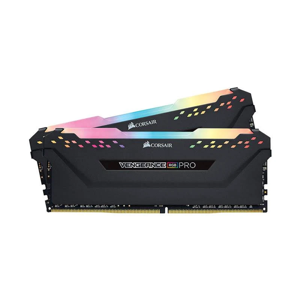Dwa czarne moduły RAM z podświetleniem RGB i etykietą 'CORSAIR' u góry.
