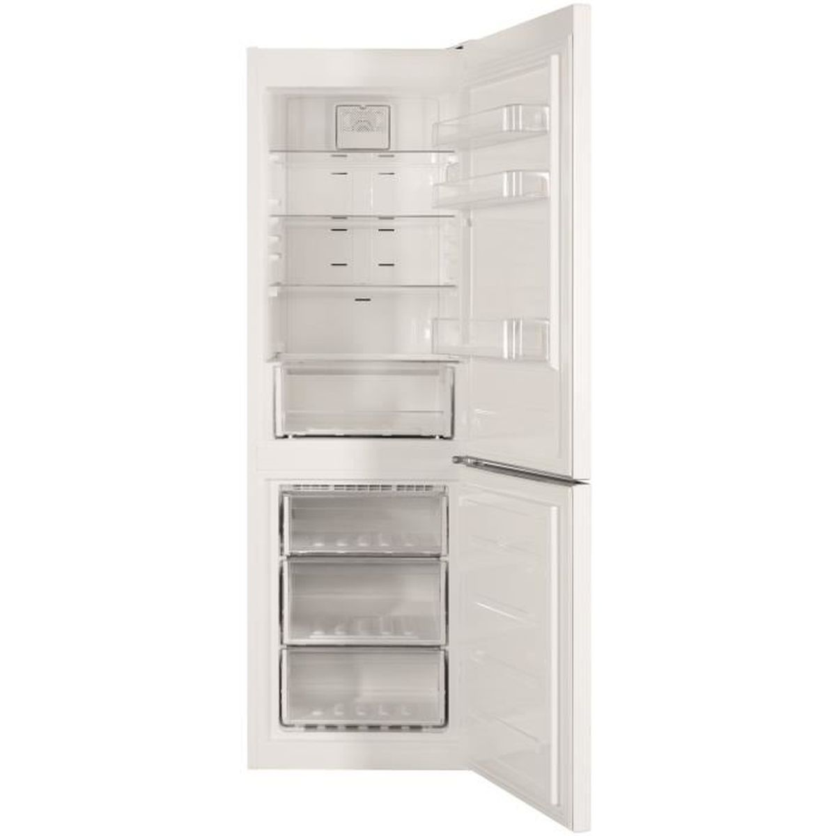 Un refrigerador blanco con la puerta abierta, mostrando estantes y cajones.