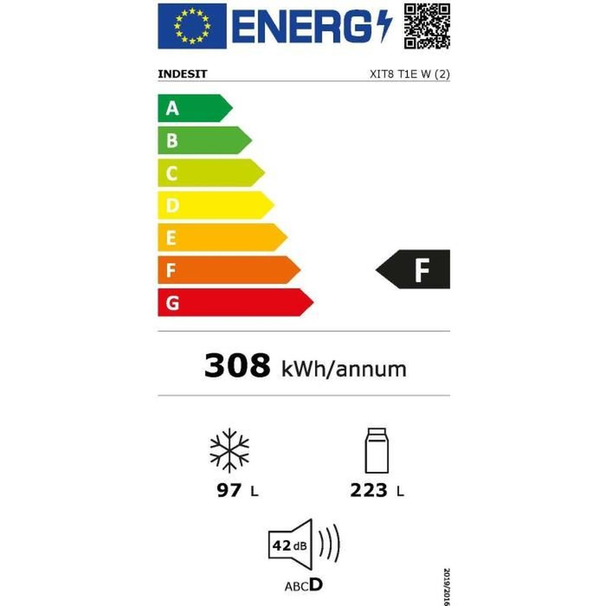 Etiqueta energética para un frigorífico Indesit, con clasificación de eficiencia energética F y otras especificaciones.