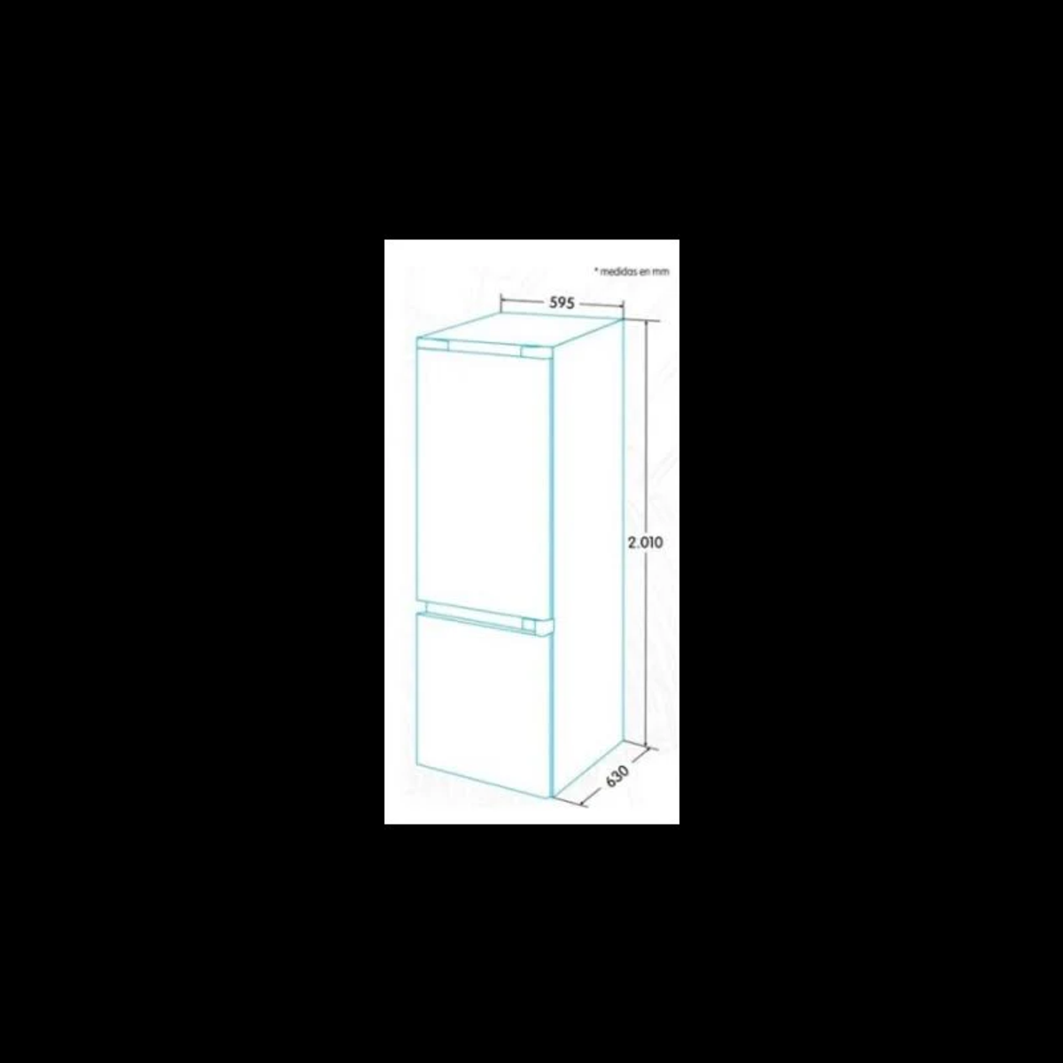 Un refrigerador con dos compartimentos. Las dimensiones se muestran en un diagrama.