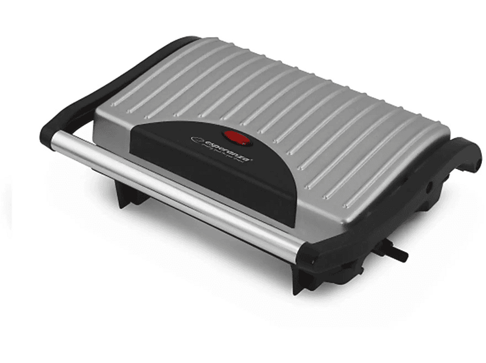 Srebrny i czarny grill elektryczny na białym tle.