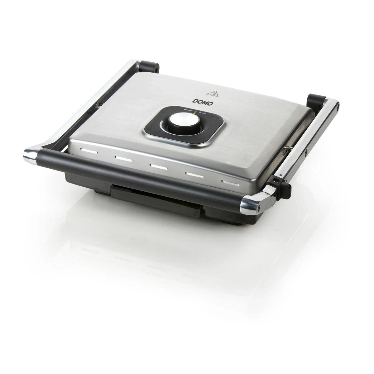 Srebrno-czarna prasa do panini z pokrętłem i uchwytem na białym tle.