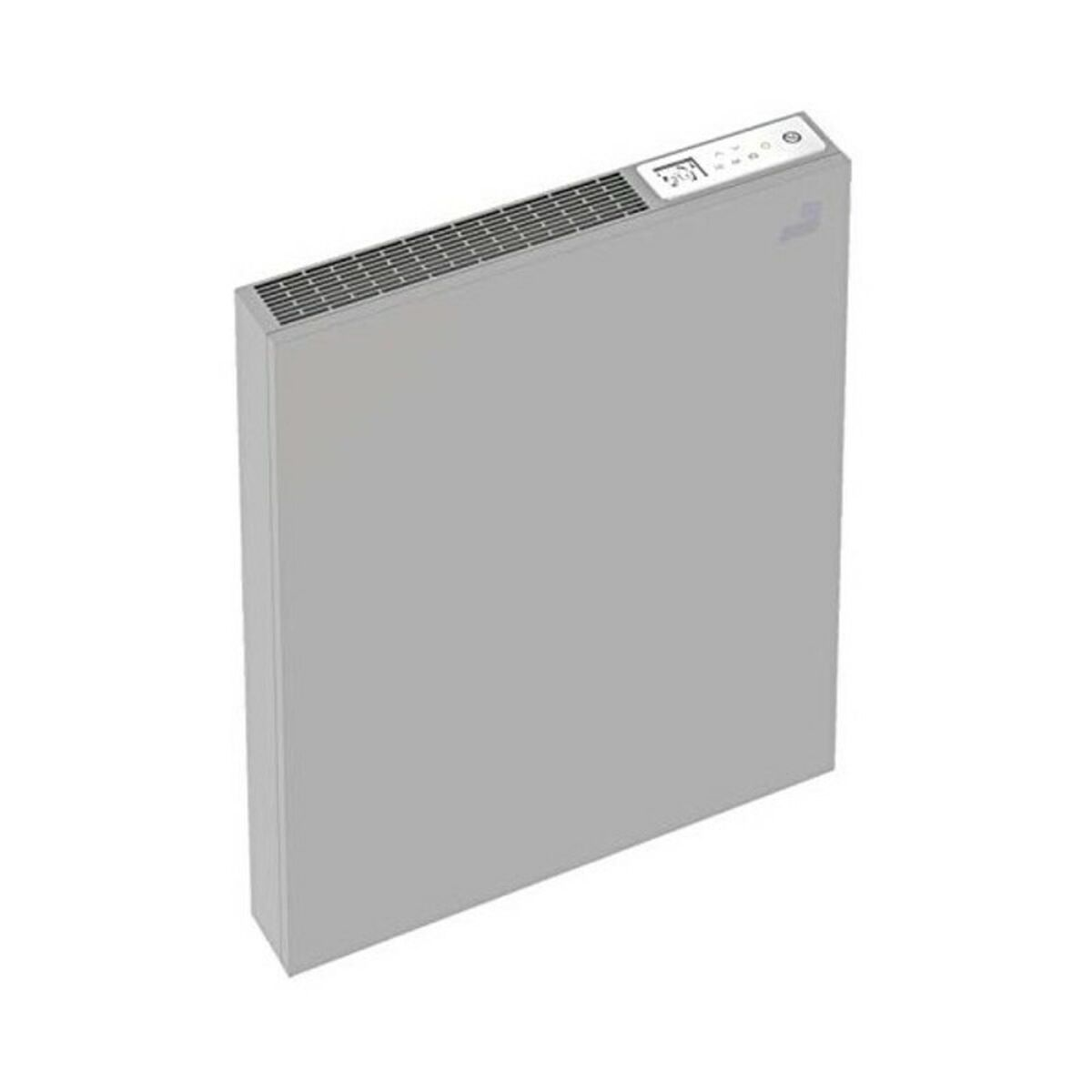 Calentador eléctrico gris. Tiene una ventilación en la parte superior y una pantalla digital.