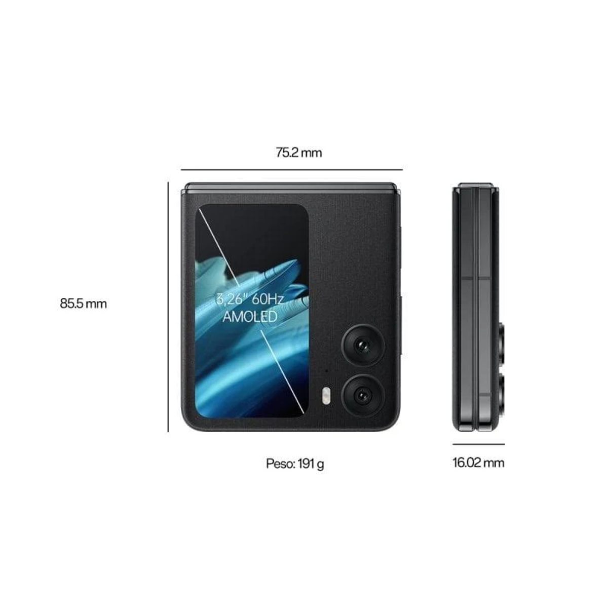 Teléfono plegable, negro, abierto y cerrado, con etiquetas de dimensiones y peso.
