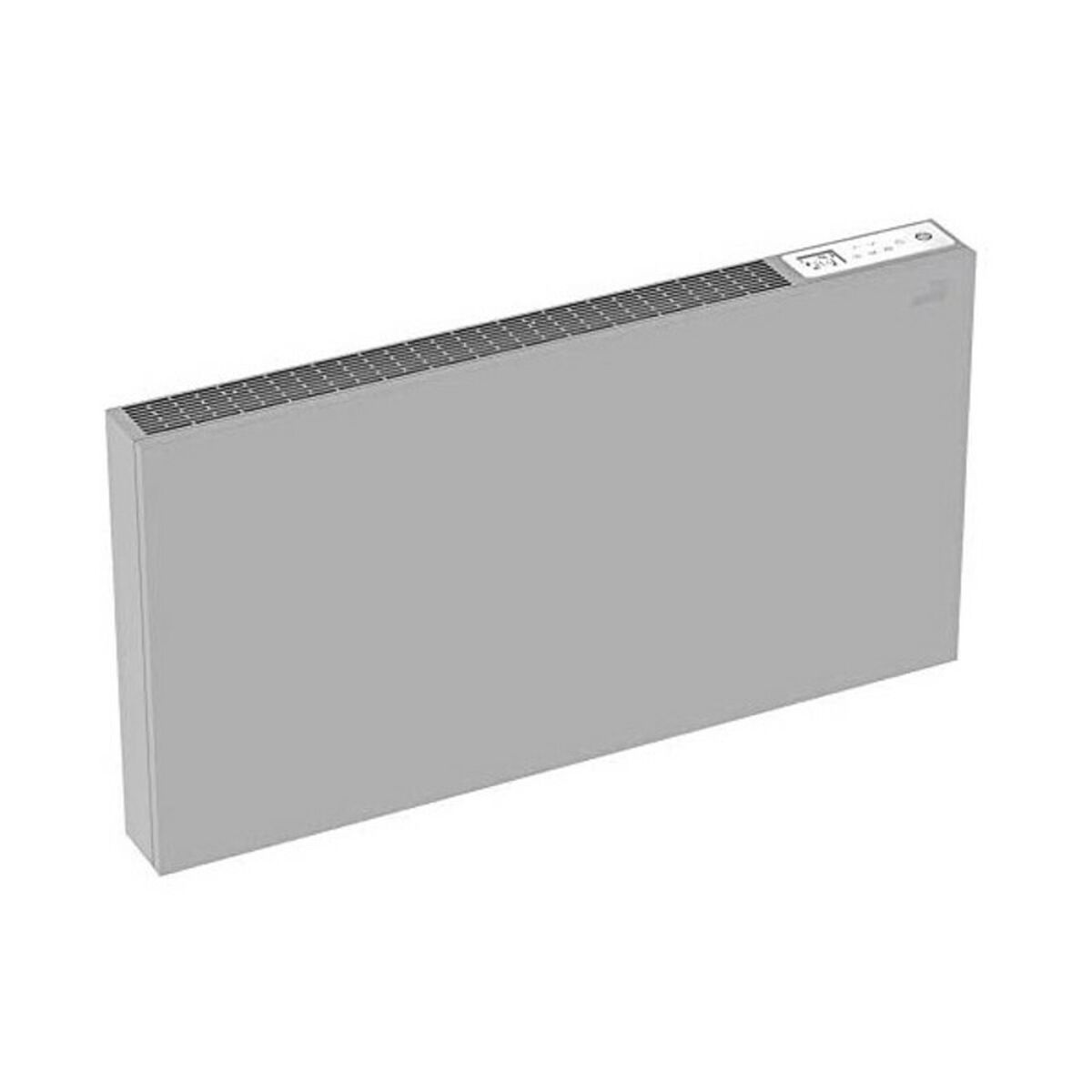 Calentador eléctrico gris, diseño rectangular, fondo blanco.