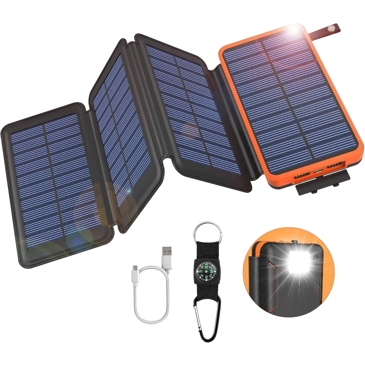 Stromversorgung 4 BYTELIKE Schnellladung Powerbank Tragbare Solar - 10000mAh 10000mAh Taschenlampe Solarpanels Orange mit Akku