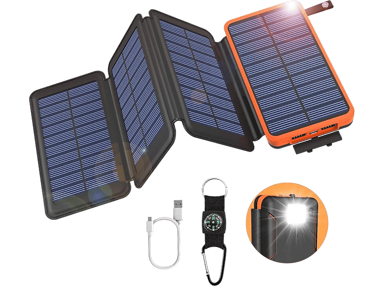 Akku 10000mAh Solarpanels Stromversorgung Tragbare Orange mit 10000mAh - 4 BYTELIKE Taschenlampe Solar Schnellladung Powerbank