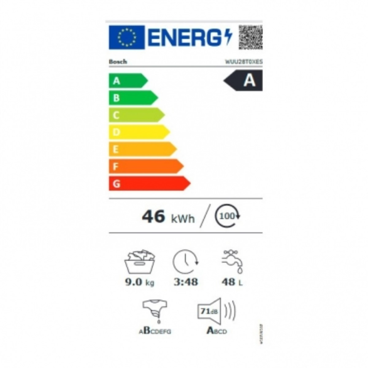 Etichetta energetica per una lavatrice. Mostra l'efficienza energetica, l'acqua e il consumo di energia.
