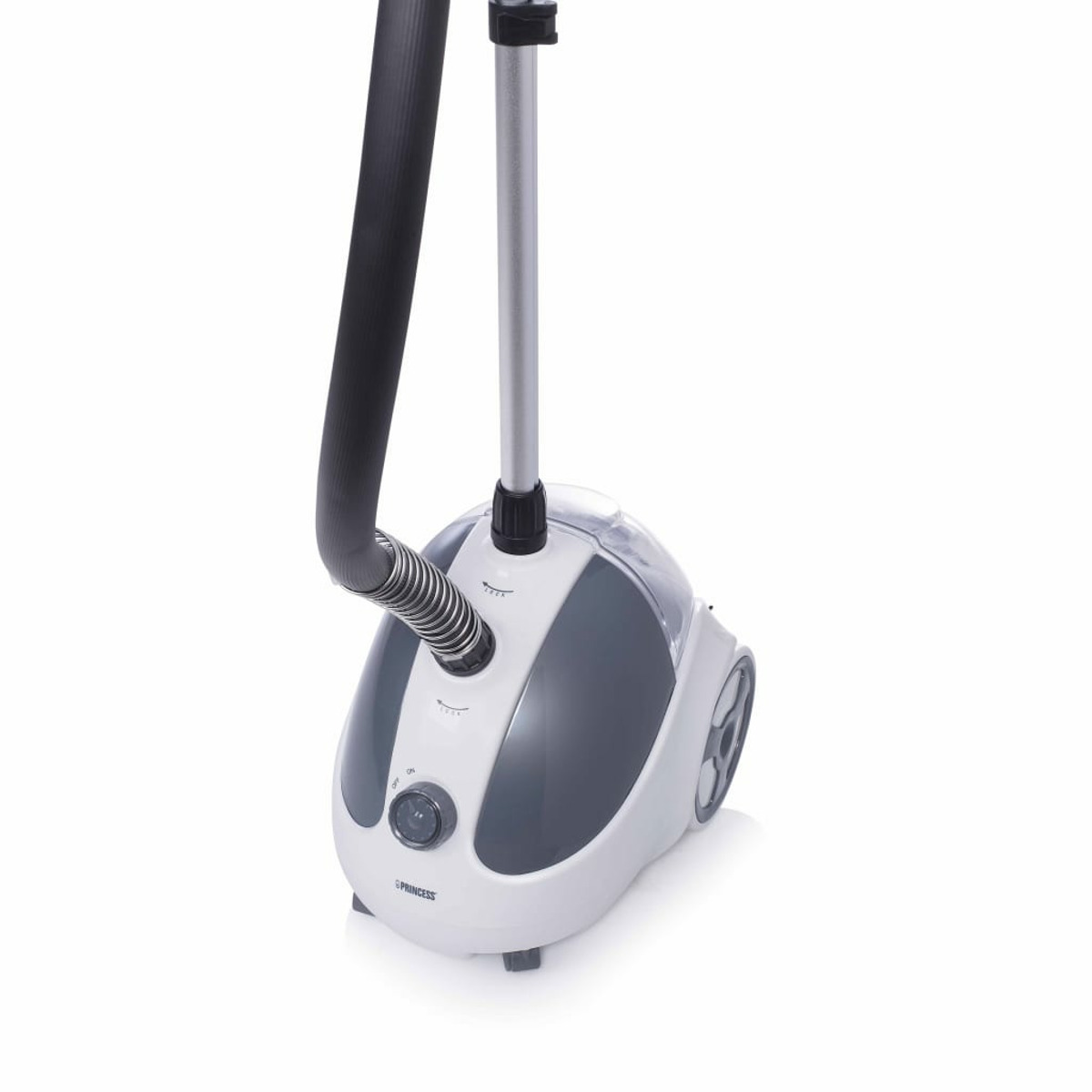 Vaporizador de prendas blanco y gris, con manguera negra y poste plateado.