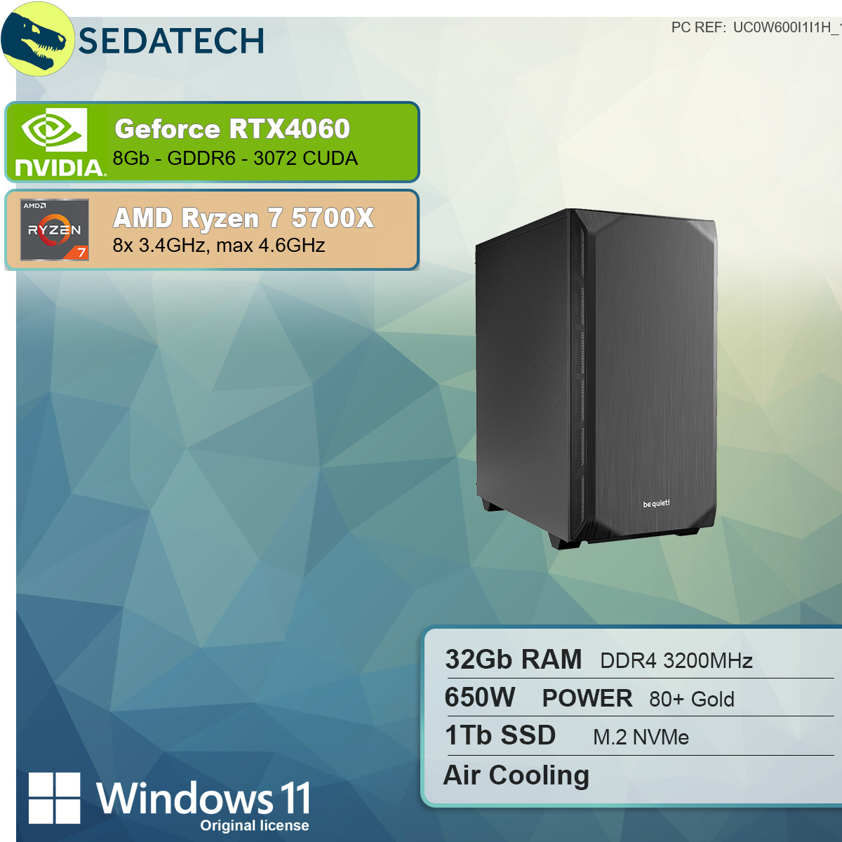 SEDATECH AMD Ryzen 4060, NVIDIA RTX™ 7 7 5700X, Home mit mehrsprachig, Windows 8 GB 1000 SSD, Prozessor, 32 GB GeForce RAM, Ryzen™ GB AMD 11 PC-desktop