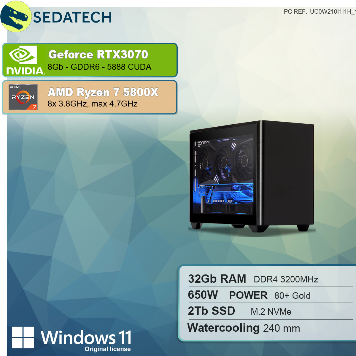 SSD, GB RTX™ mit Ryzen 5800X mehrsprachig, 7 32 8 Wasserkühlung, Windows mit GeForce Home Ryzen™ 2000 Prozessor, PC-desktop AMD NVIDIA SEDATECH 3070, AMD GB RAM, GB 7 11