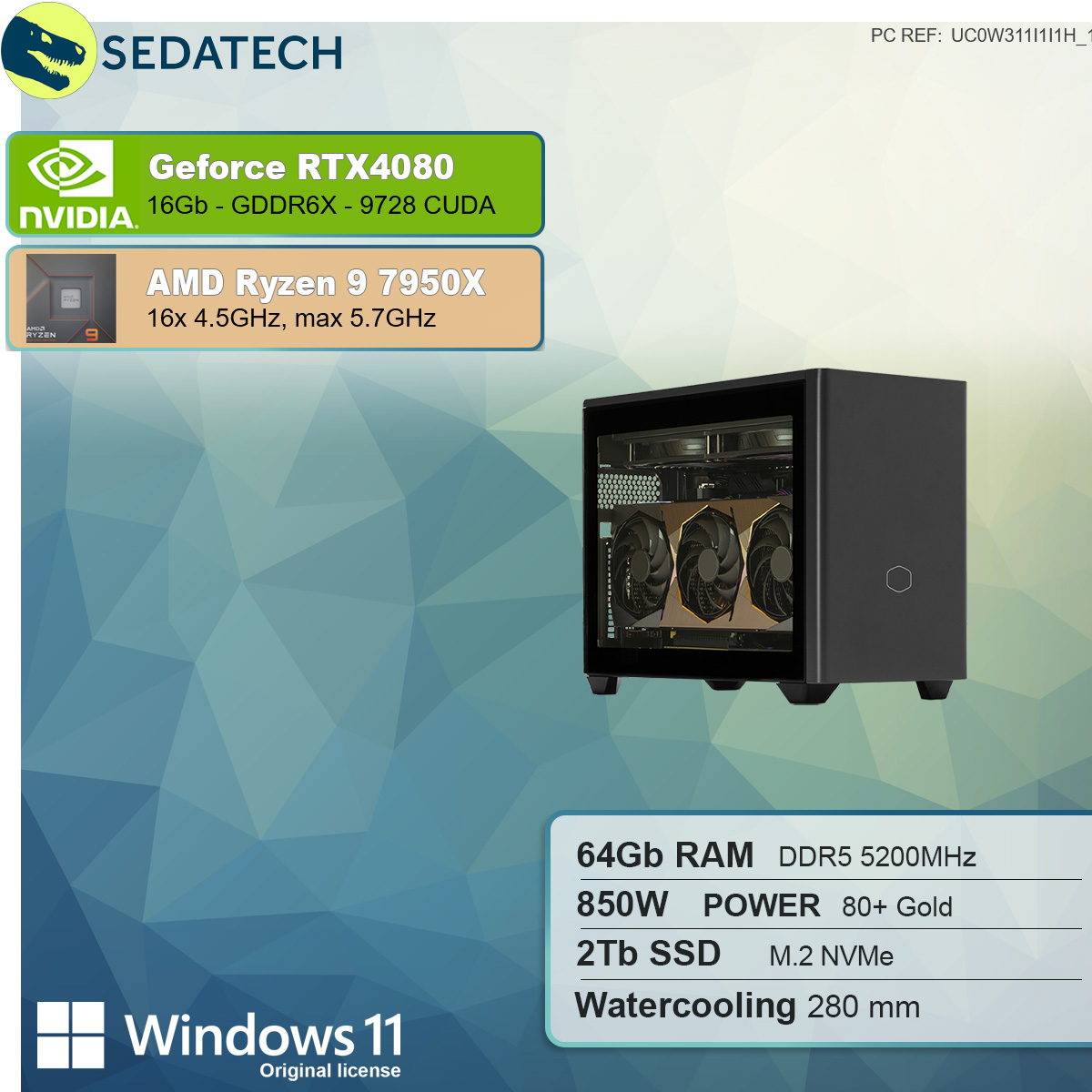 Windows GB PC-desktop GB 64 Prozessor, AMD 11 7950X 9 Ryzen mehrsprachig, GeForce 4080, RTX™ SSD, mit mit 9 GB Home Ryzen™ 16 2000 Wasserkühlung, SEDATECH AMD NVIDIA RAM,