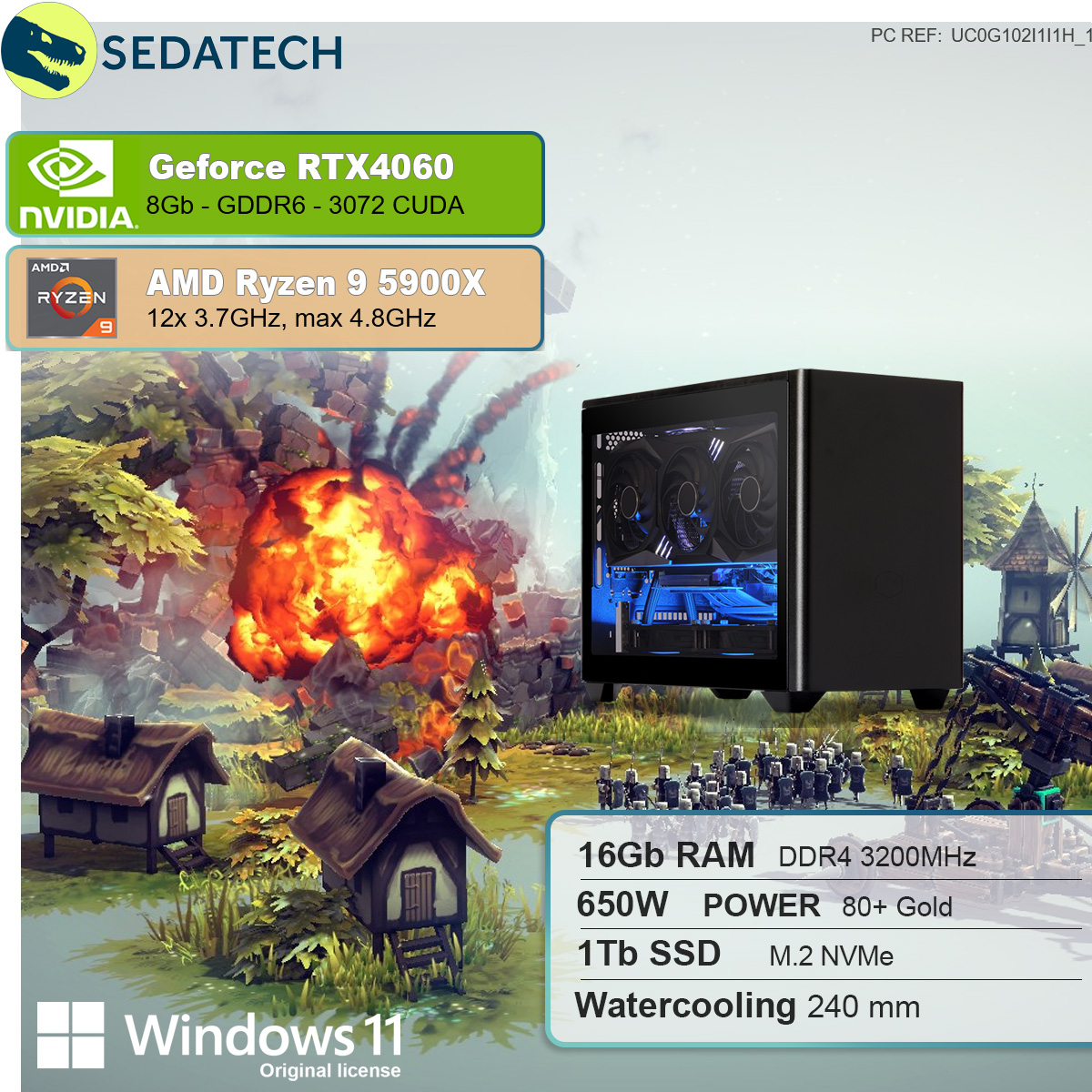 SEDATECH AMD Ryzen 9 5900X 16 GB 8 GB Windows 4060, RAM, NVIDIA 1000 GeForce mehrsprachig, Gaming mit Home 11 GB PC 9 AMD Ryzen™ RTX™ mit Prozessor, SSD, Wasserkühlung