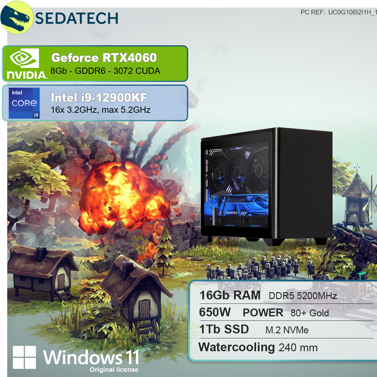 SEDATECH Intel 4060, mit GeForce RTX™ i9 SSD, i9-12900KF 1000 GB NVIDIA Intel® Gaming Wasserkühlung, Home 8 Core™ PC GB GB Windows mit 16 11 Prozessor, mehrsprachig, RAM