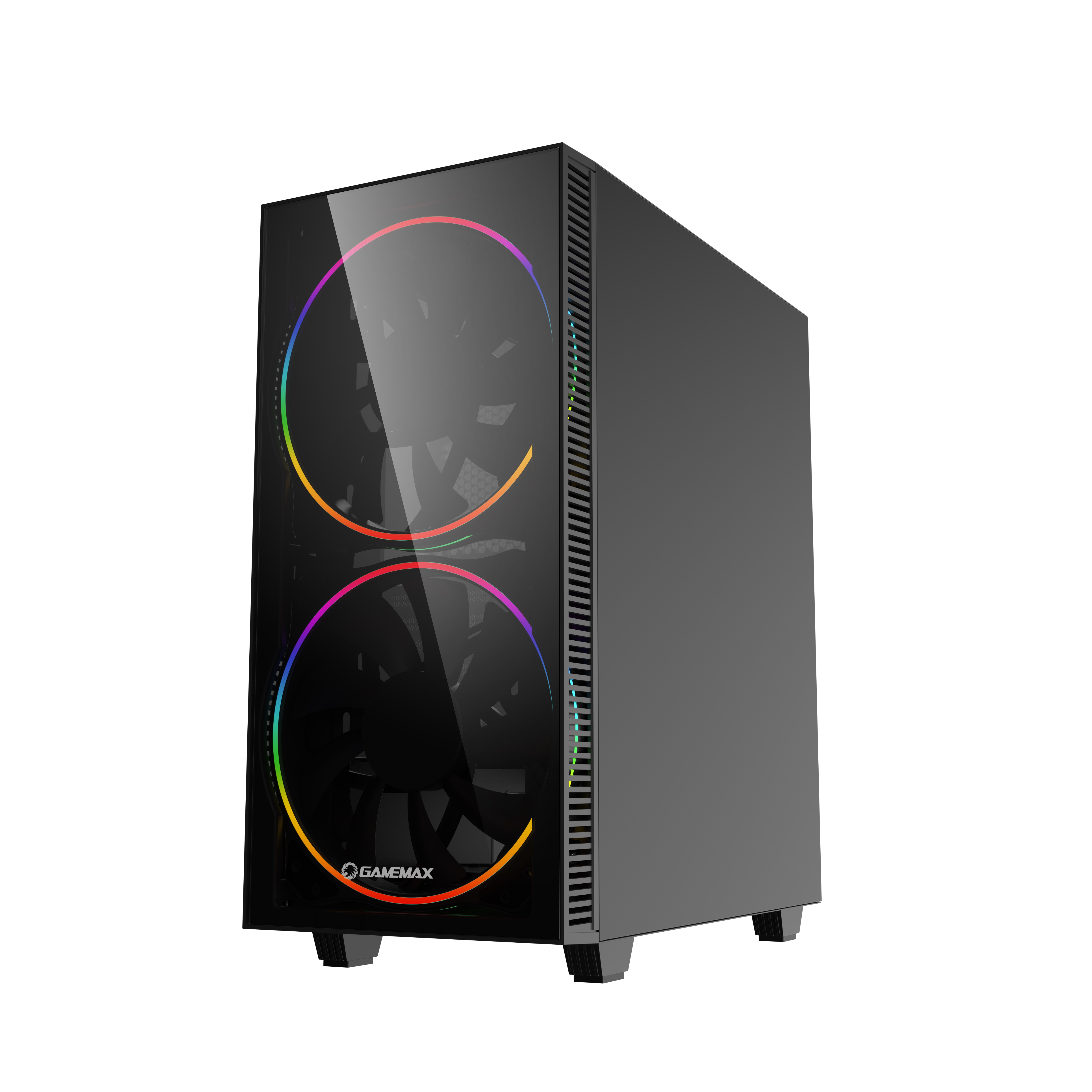Ein schwarzes Computergehäuse mit einer Glas-Seitenwand. Es hat bunte Lichter.