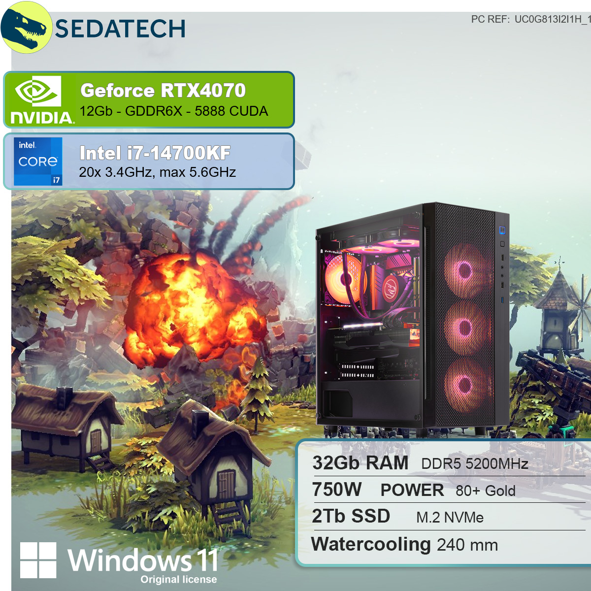 SEDATECH Intel PC mit Wasserkühlung, i7 Core™ GeForce Windows RAM, GB 12 NVIDIA Gaming SSD, Intel® i7-14700KF mit 11 4070, RTX™ 2000 32 GB Home mehrsprachig, GB Prozessor