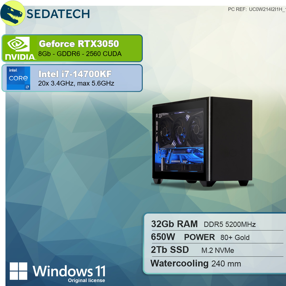 SEDATECH Intel i7-14700KF i7 Home 11 RAM, Prozessor, Core™ Windows PC-desktop NVIDIA GB mit GeForce SSD, mehrsprachig, 32 3050, Intel® RTX™ 8 Wasserkühlung, 2000 GB mit GB