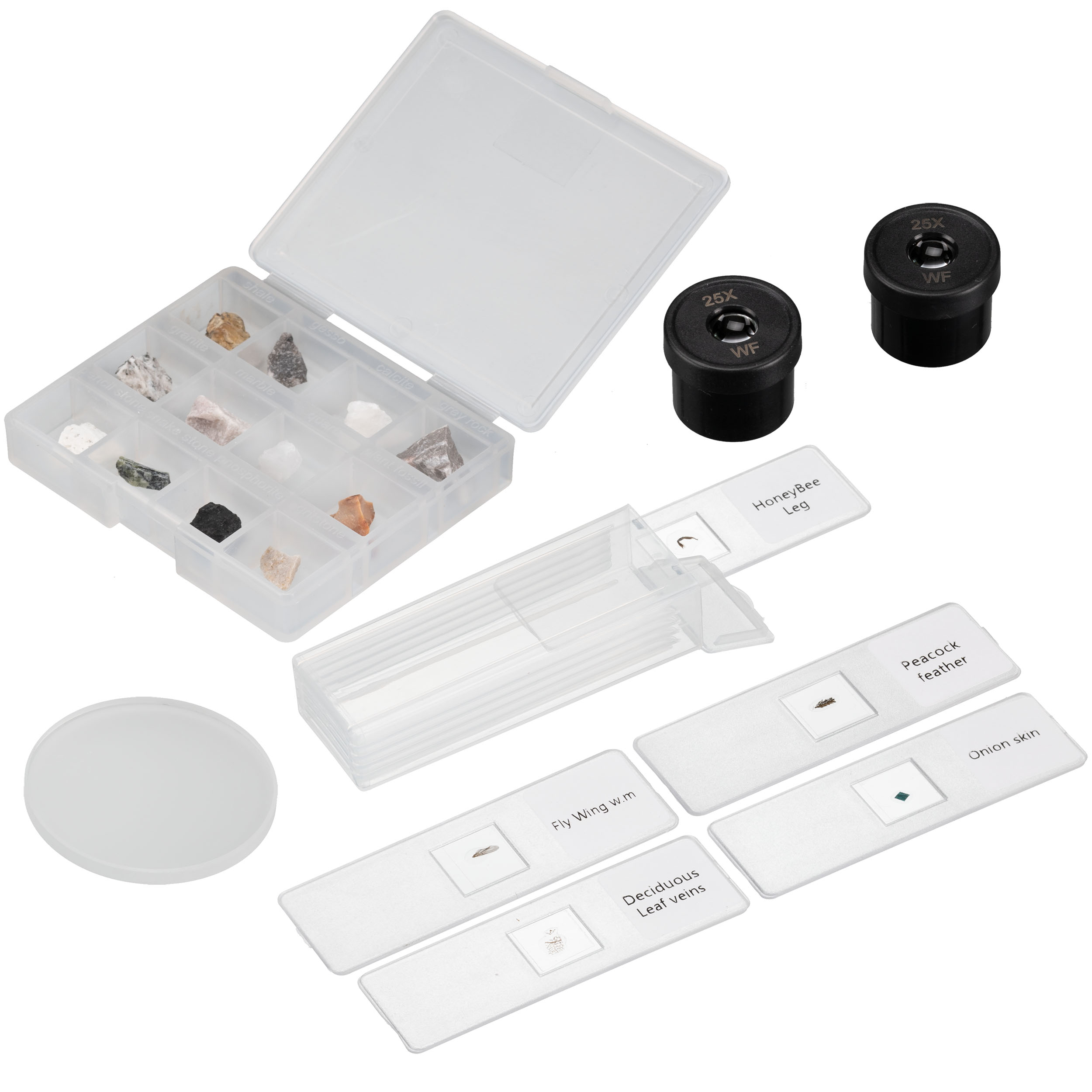 Portaobjetos de microscopio y accesorios: muestras de roca, portaobjetos preparados con etiquetas y lentes de microscopio.