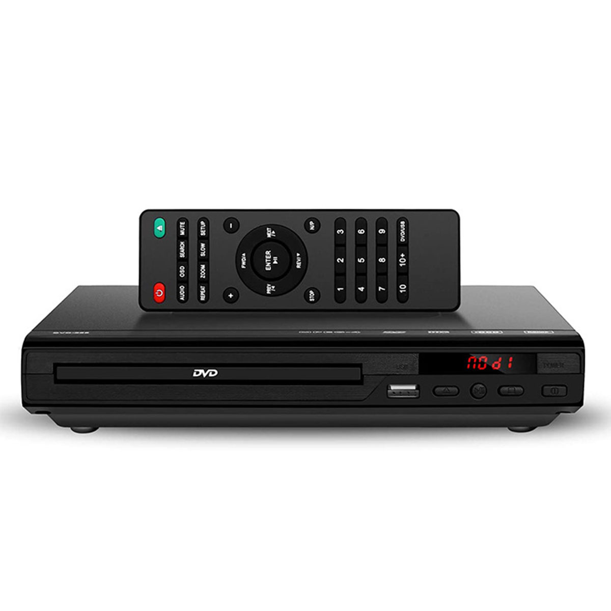 Schwarzer DVD-Player und Fernbedienung. Die Fernbedienung hat viele Knöpfe. Weißer Hintergrund.