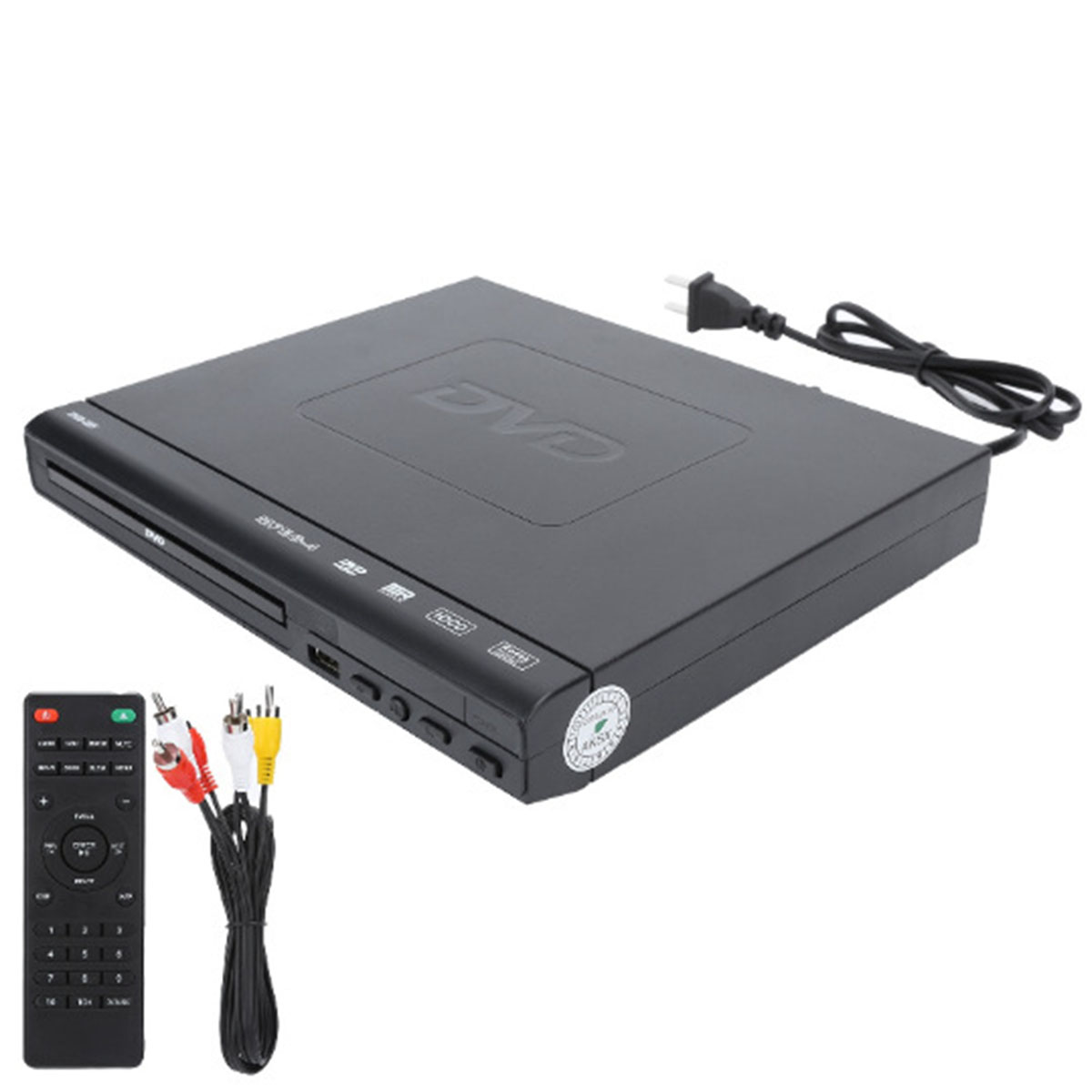 Schwarzer DVD-Player mit Fernbedienung, Kabeln und Netzstecker.