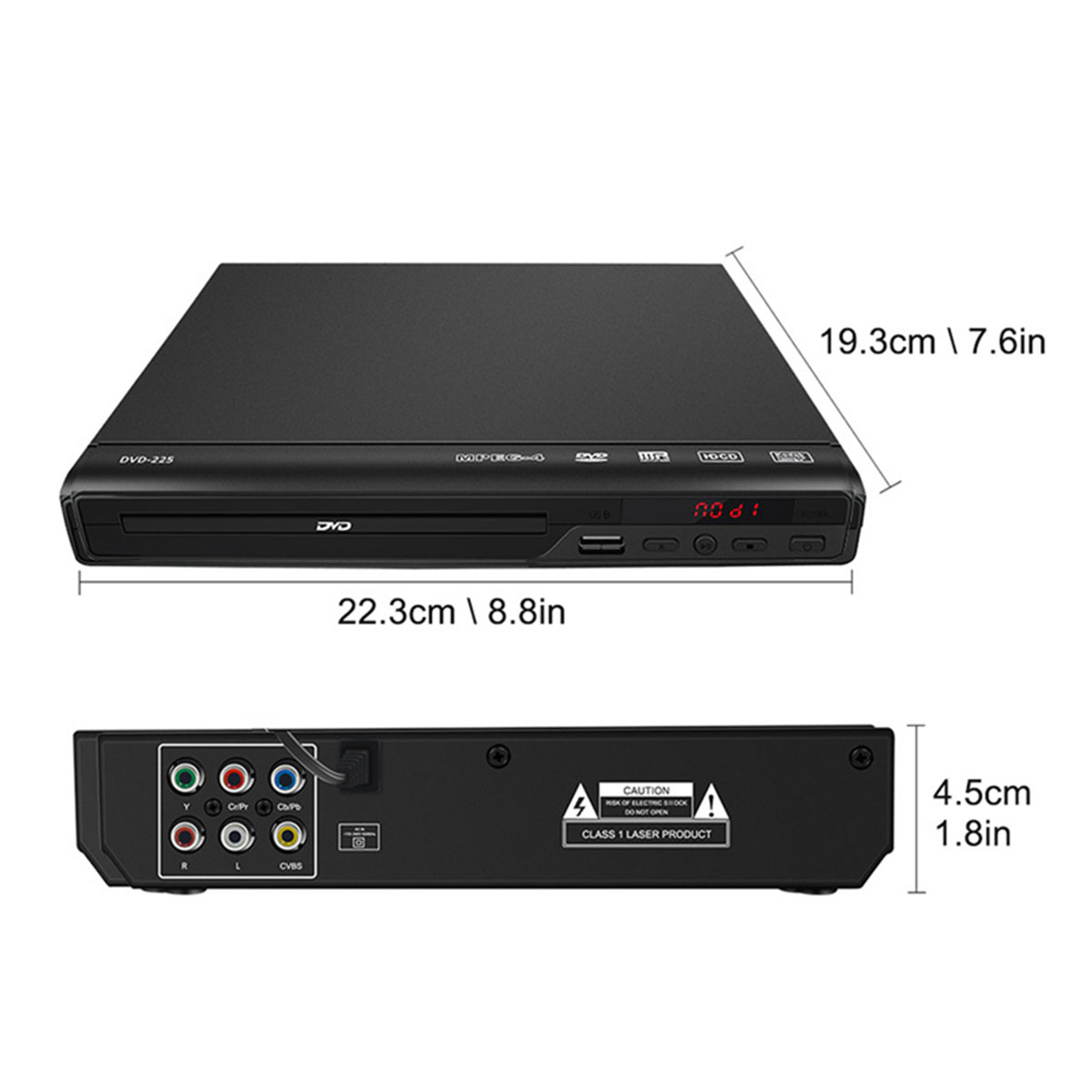 Schwarzer DVD-Player, Abmessungen gezeigt.