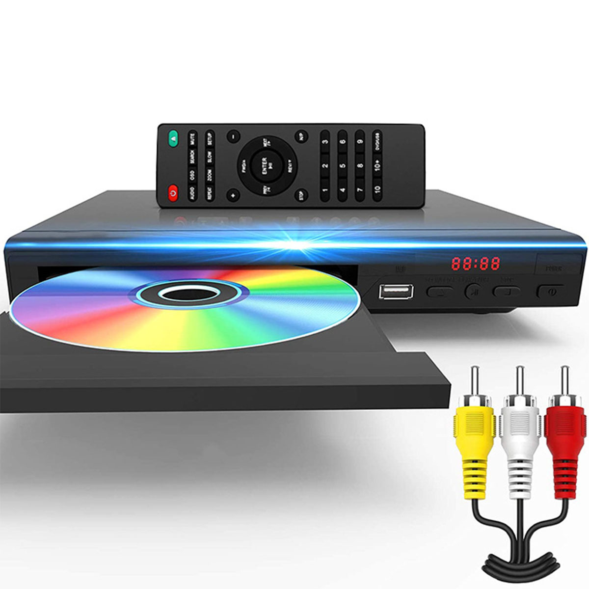 Ein DVD-Player mit eingelegter Disc, einer Fernbedienung und Kabeln.