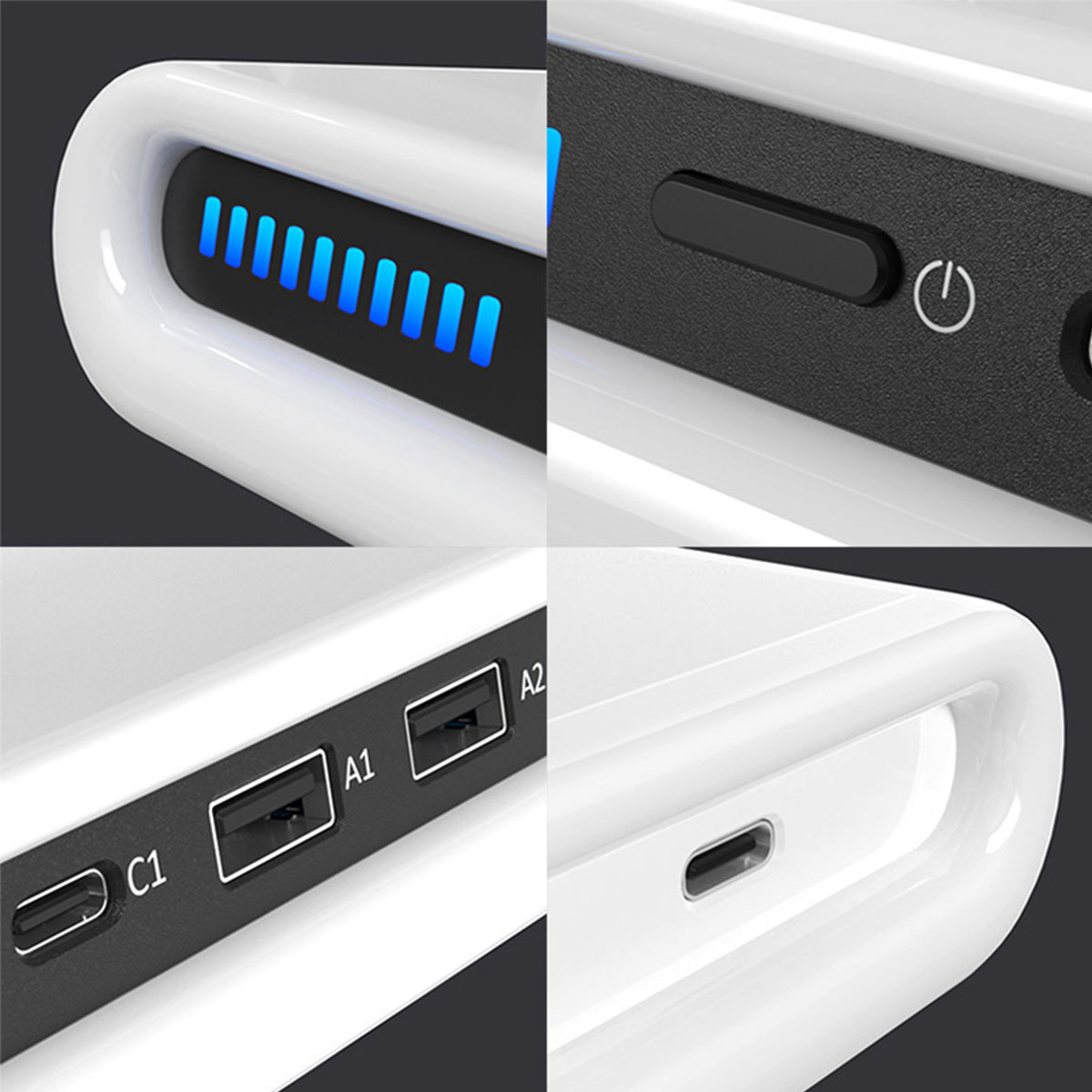 Nahaufnahme einer weißen Powerbank mit mehreren Anschlüssen, darunter USB und USB-C, und einem Power-Knopf.