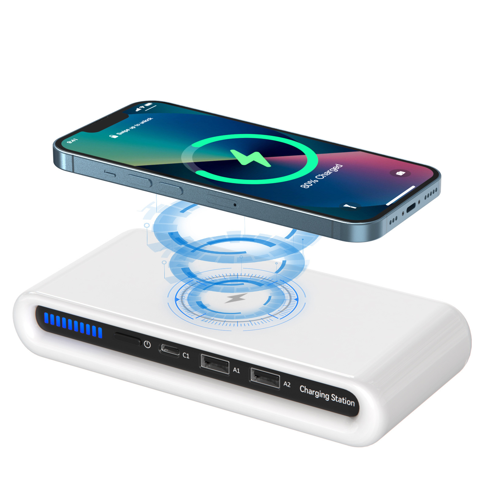 Telefon wird auf einem weißen kabellosen Ladegerät aufgeladen. Das Telefon zeigt 80% geladen mit einem grünen Blitz an.