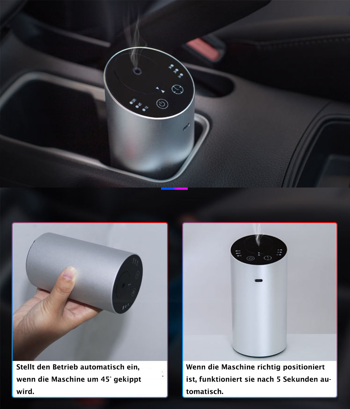 Silberner Auto-Lufterfrischer in einer Autokonsole. Zwei Nahaufnahmen, die das Produkt zeigen.