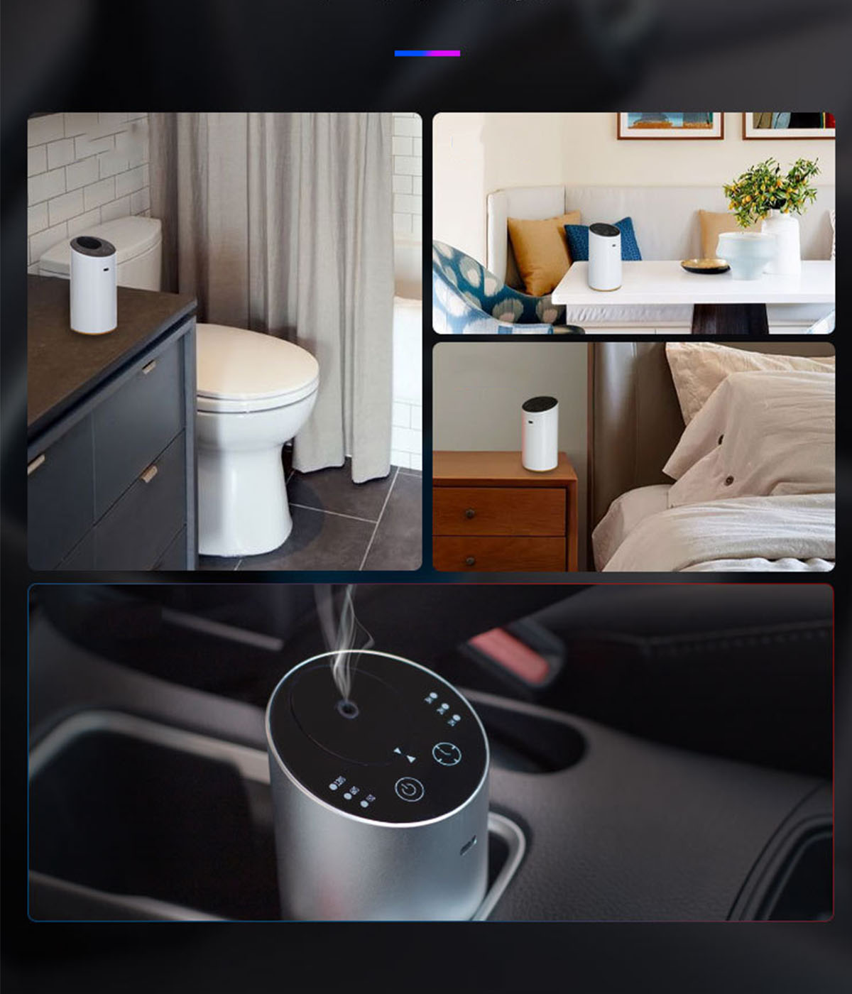 Collage von Bildern, die einen weißen Luftreiniger in verschiedenen Umgebungen zeigen: Badezimmer, Wohnzimmer und Auto.