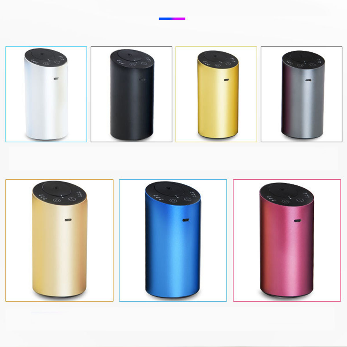 Acht zylindrische Lufterfrischer. Verschiedene Farben: Weiß, Schwarz, Gold, Grau, Gold, Blau, Rot, Pink.