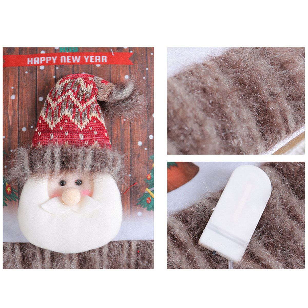 Weihnachtsmann-Dekoration mit roter Mütze, auf Holzgrund, mit Filzstruktur.