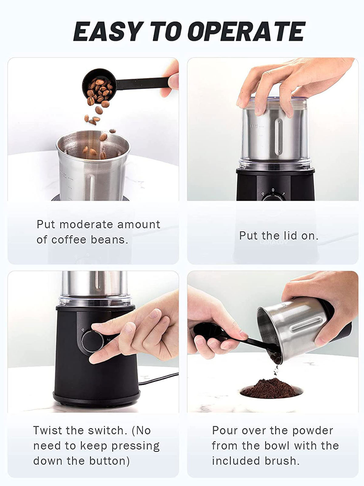 Vier-Schritte-Anleitung zur Verwendung einer Kaffeemühle: Bohnen hinzufügen, Deckel aufsetzen, einschalten, und gießen.